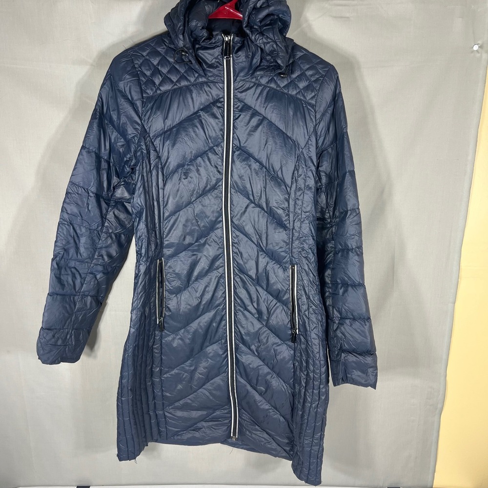 BCBGeneration Packable Down Puffer Jacket Womens XS Navy Blue Hooded Longline
